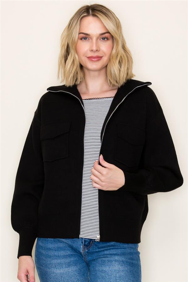 Solid Color Collared Sweater Jacket