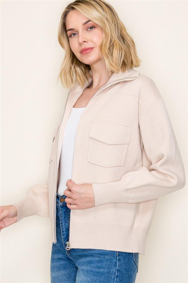 Solid Color Collared Sweater Jacket