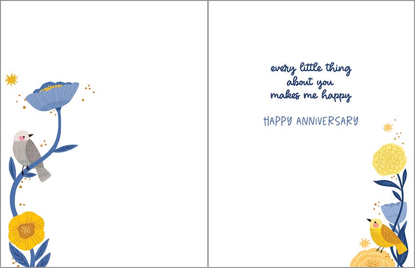 Anniversary Card - Gold Bird and Blue Flowers