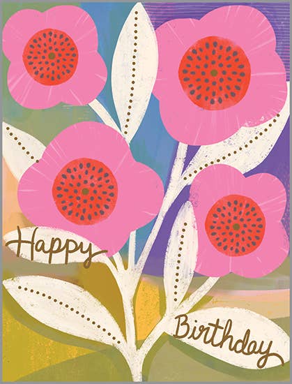 Birthday Greeting Card - Painted Pink Flowers