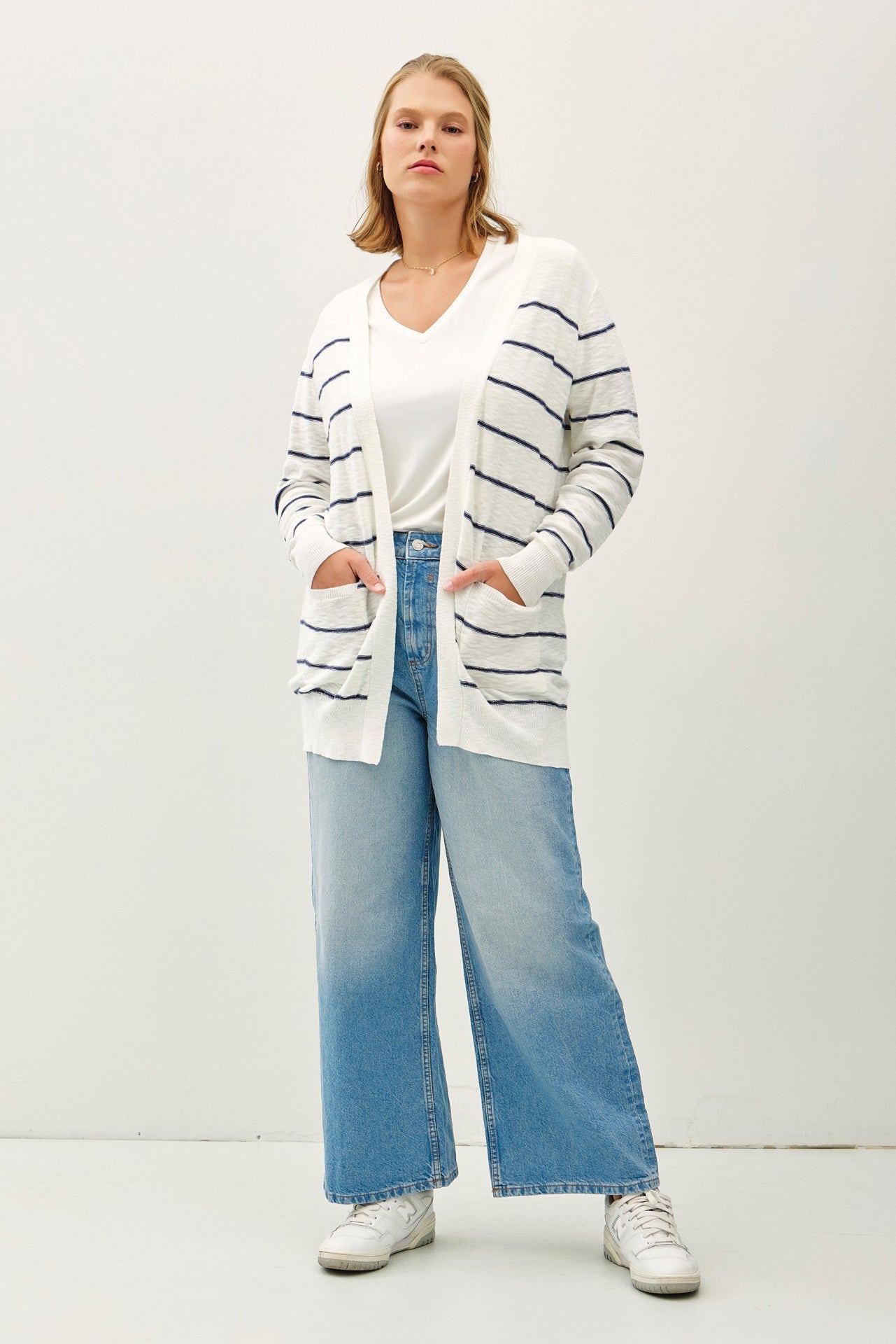 Plus Size Striped Cotton Slub Cardigan
