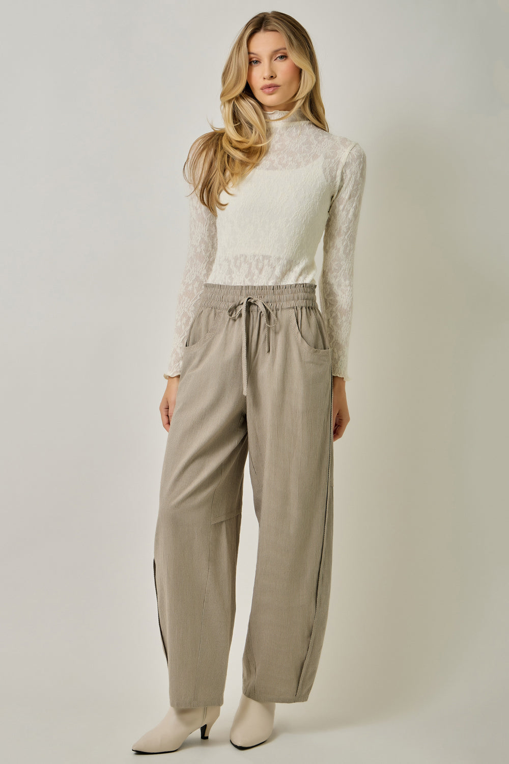 Pinstripe Barrel Pants in smokey taupe — women's pull-on pinstripe pants, styled view
