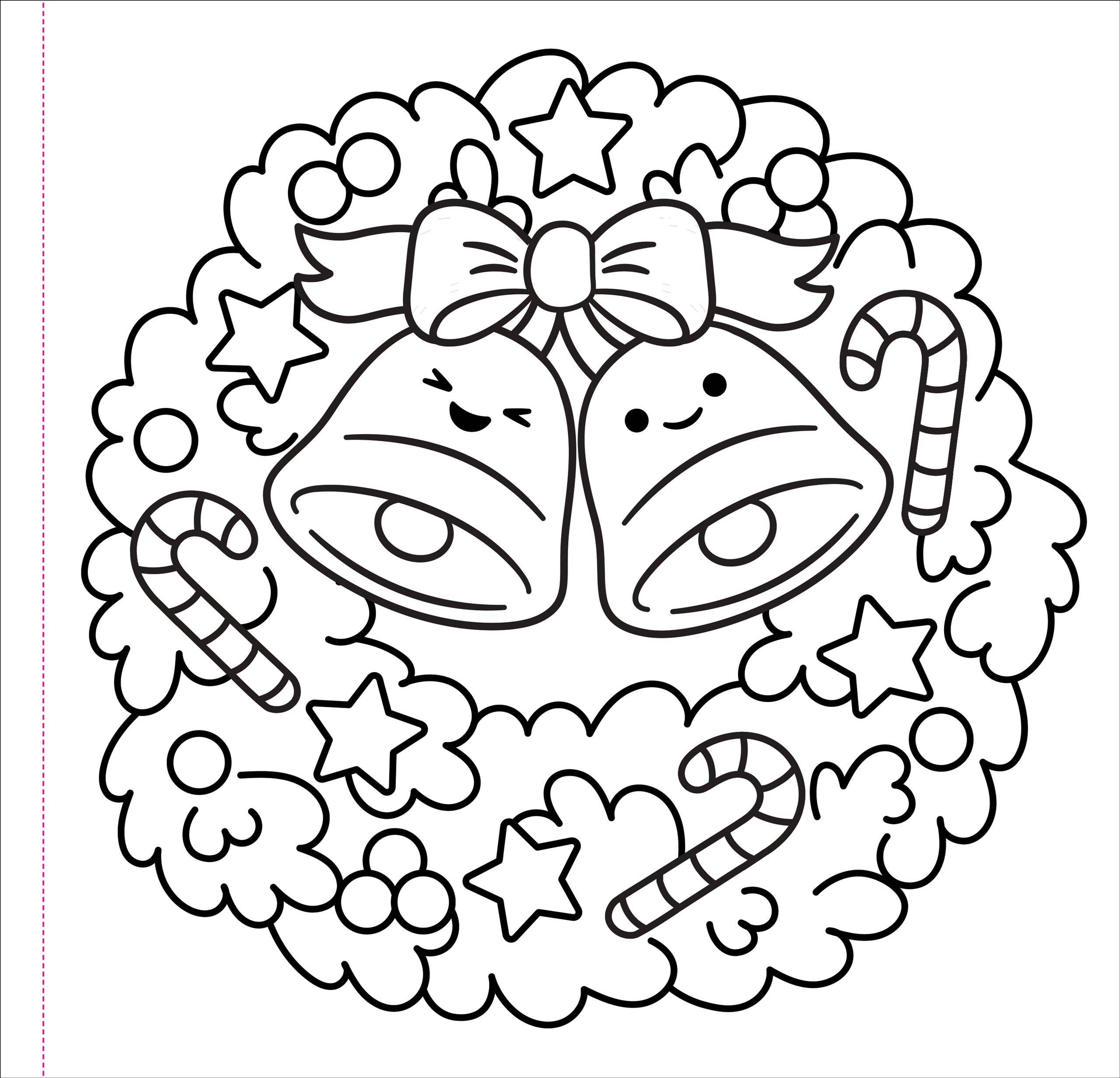 Interior coloring page from Color Me Cozy Christmas showing a kawaii Christmas wreath with two smiling jingle bells tied with a bow, surrounded by candy canes, stars, and holly berries — uncolored line art
