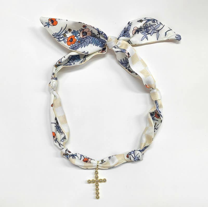 Beige & Navy Scarf Necklace w/ Bubble Cross