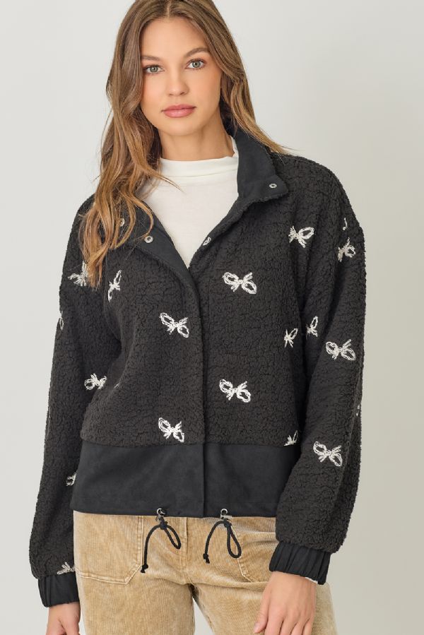 Bow Embroidery Mixed Material Jacket