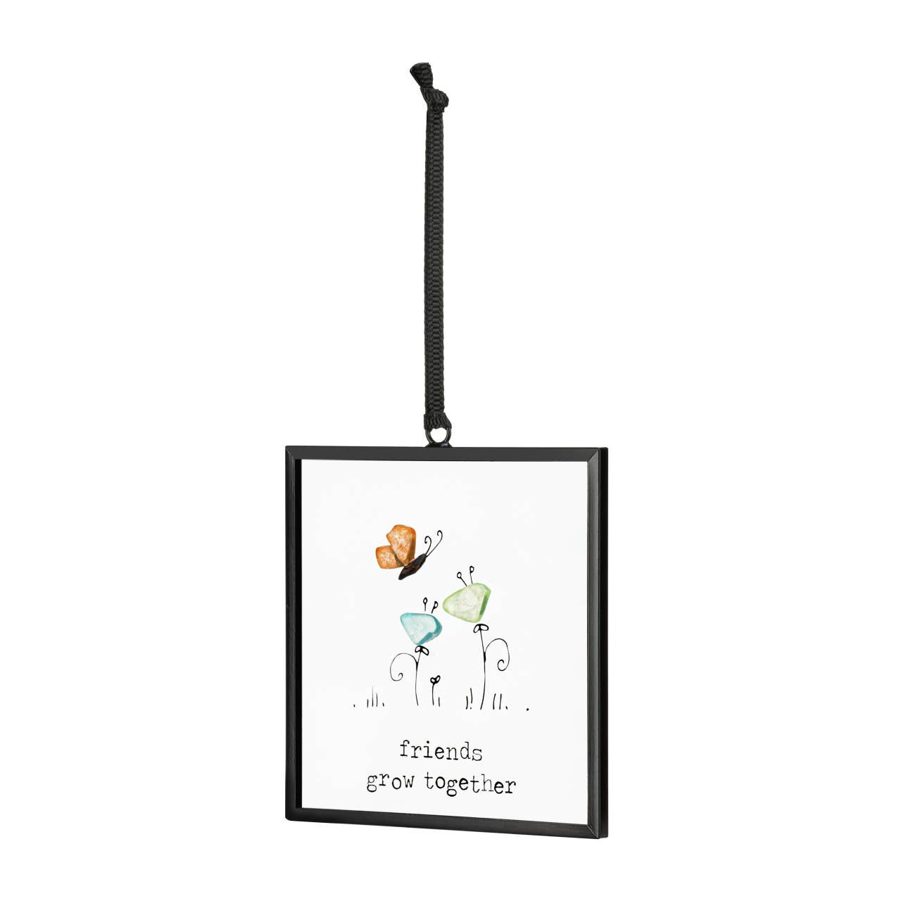 Friends Grow Together Suncatcher by DEMDACO — full view of the square black metal floating frame showing the sea glass butterfly and two sea glass flowers with "friends grow together" sentiment, hung by a black grosgrain ribbon against a white background