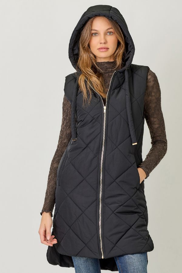 Quilted Puffer Long Hoodie Vest