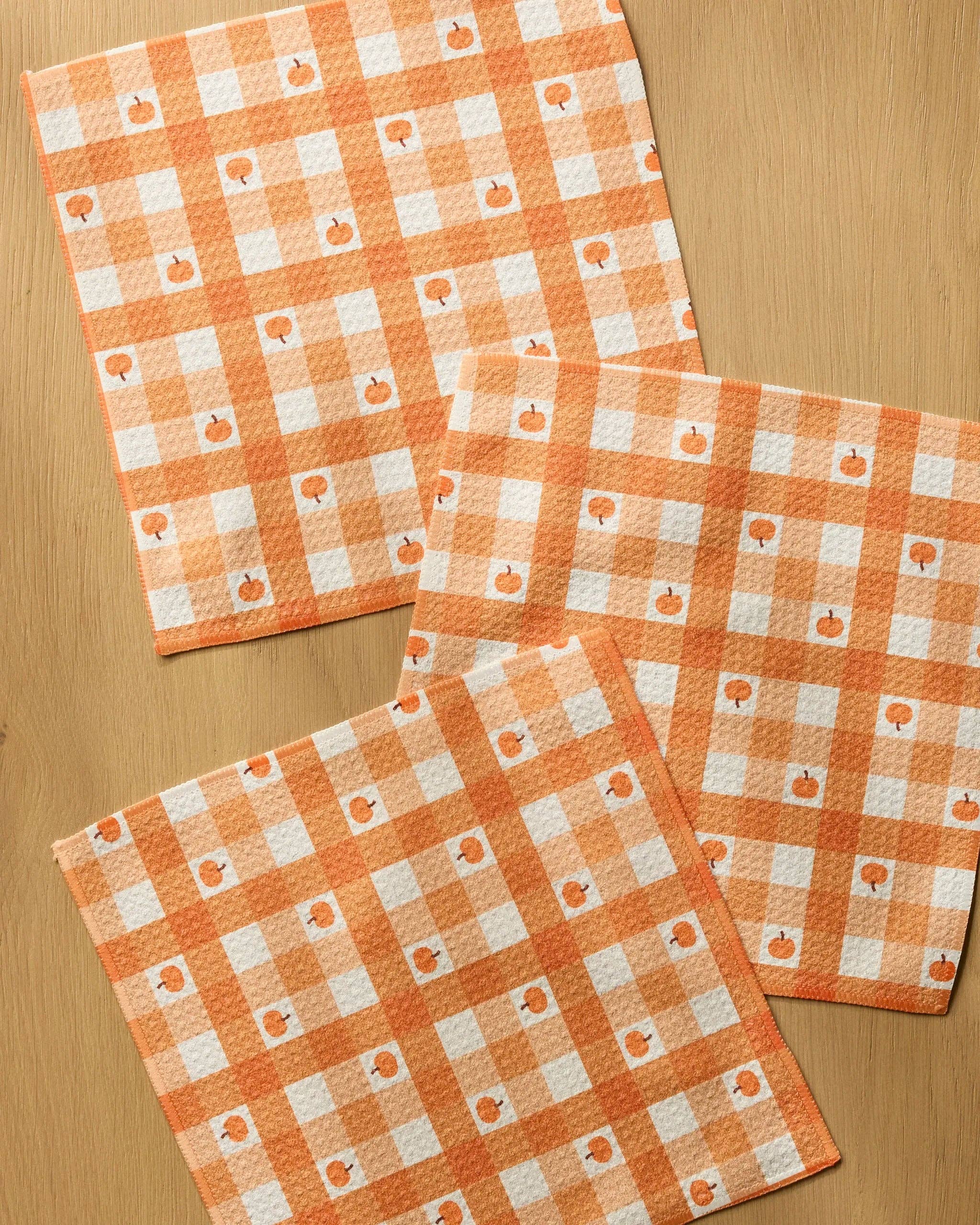 Geometry Pumpkin Check Dishcloth Set 3-Pack | Orange Gingham & Pumpkin Print