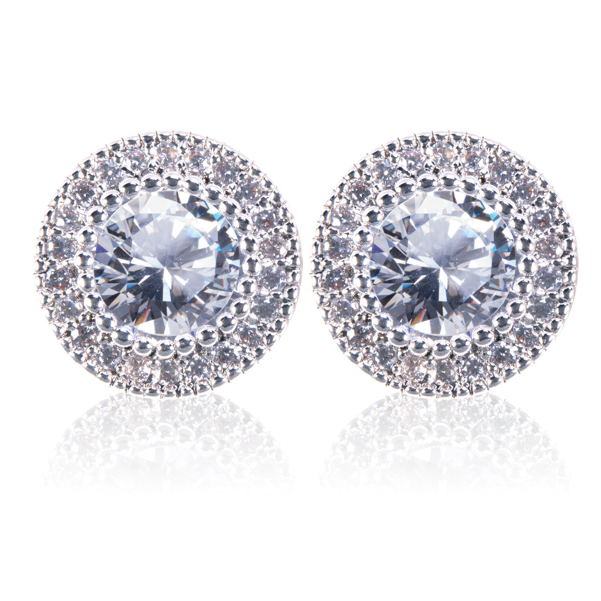 CZ Round Halo Stud Earrings - Silver