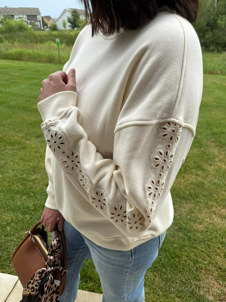Marietta Top | Women's Embroidered Sleeve Round Neck Long Sleeve Top