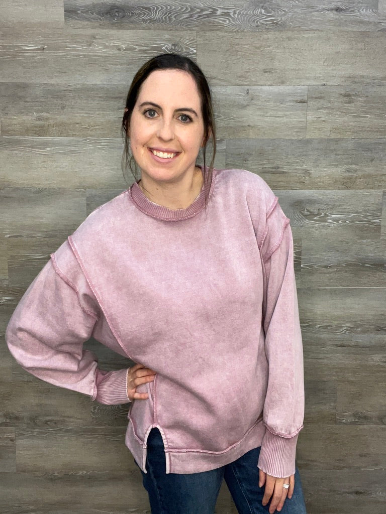 Acid Wash Exposed-Seam Fleece Sweatshirt