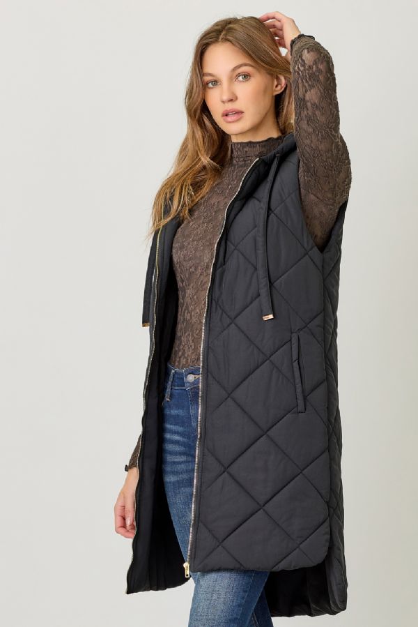 Quilted Puffer Long Hoodie Vest