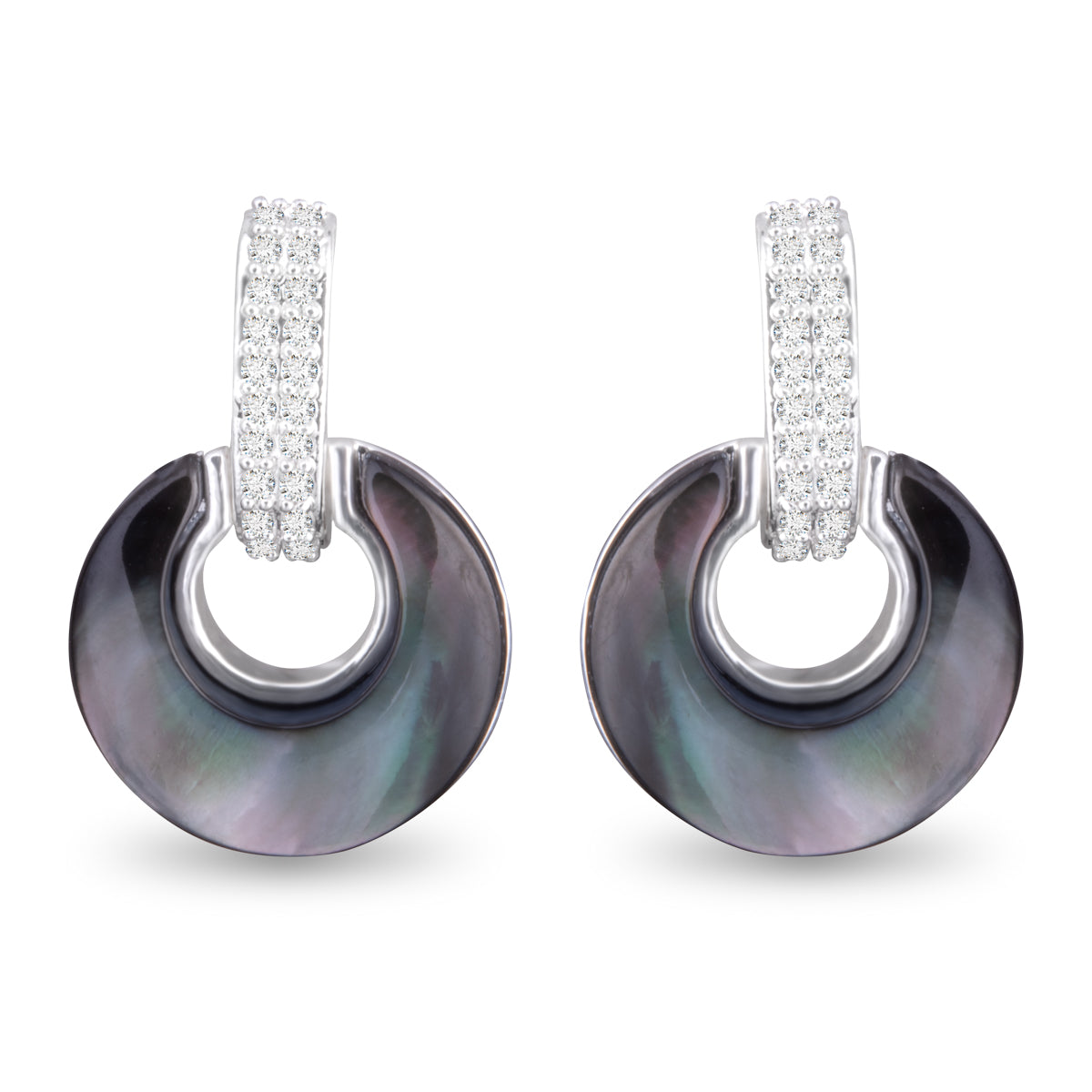 CZ & Open Circle Grey Mother of Pearl Huggie Earrings
