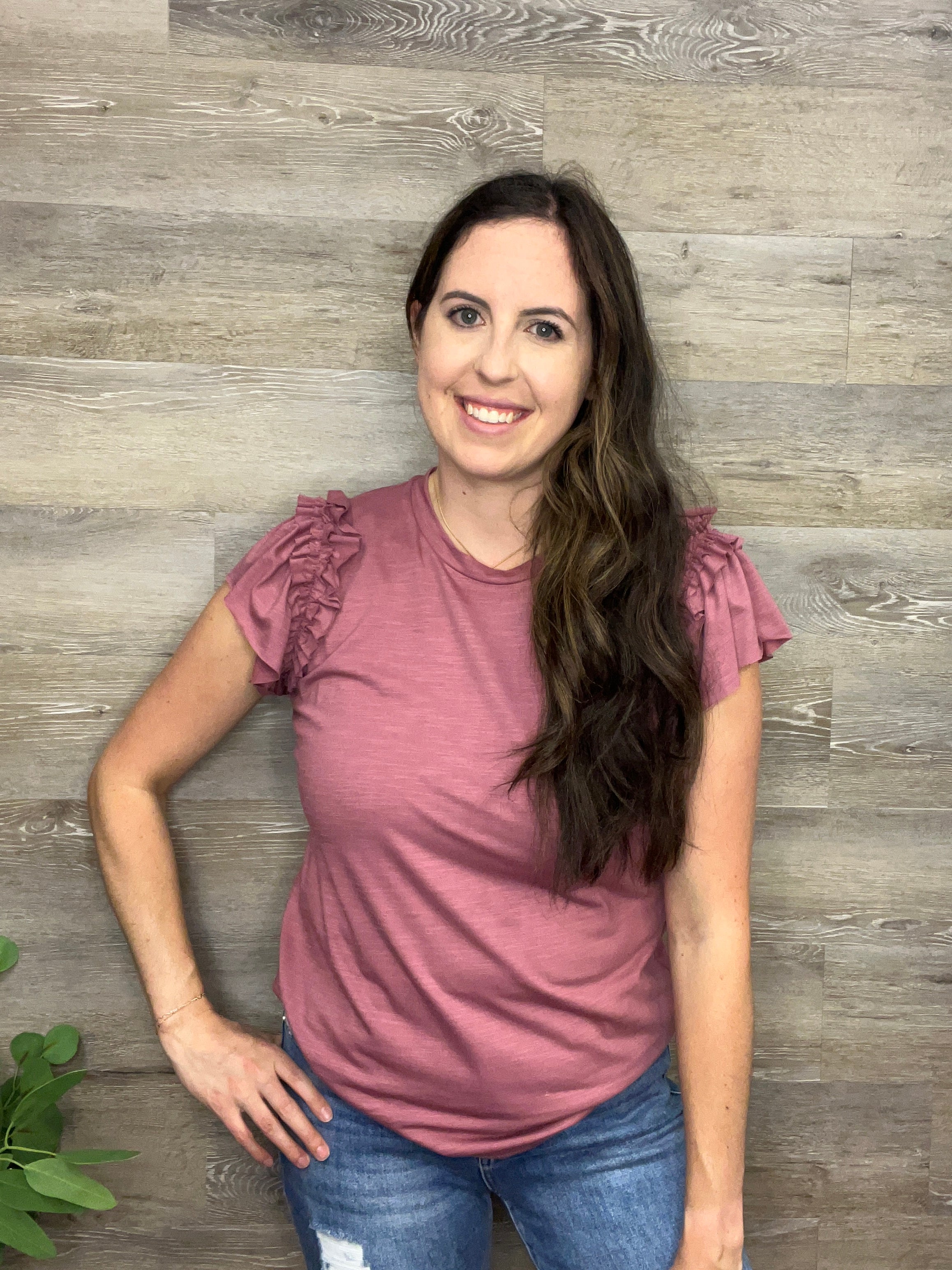 Ruffled Sleeve Crew Neck Top