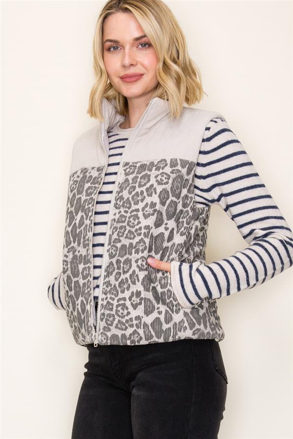 Animal Print Contrast Corduroy Puffer Vest