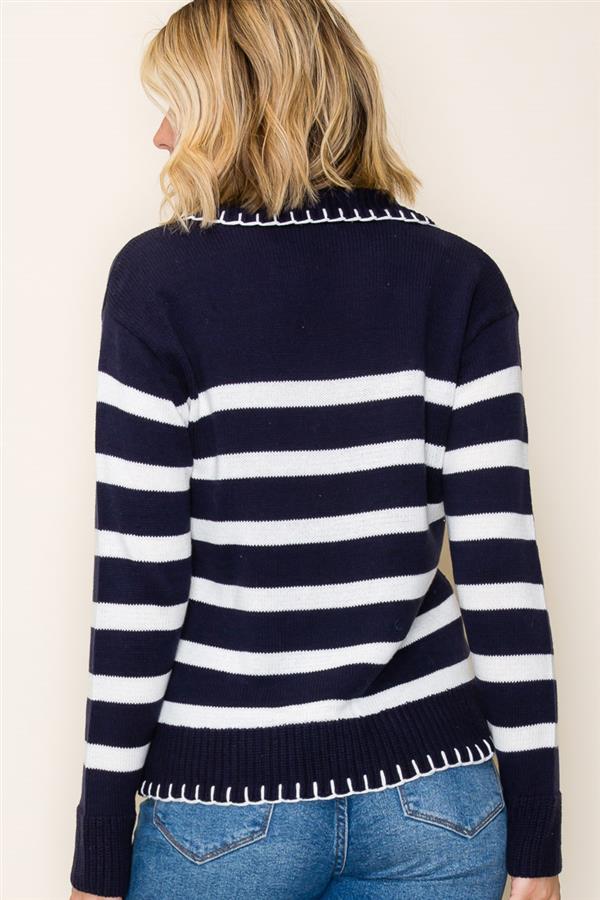 Blanket Stitched Collar & Hem Striped Sweater