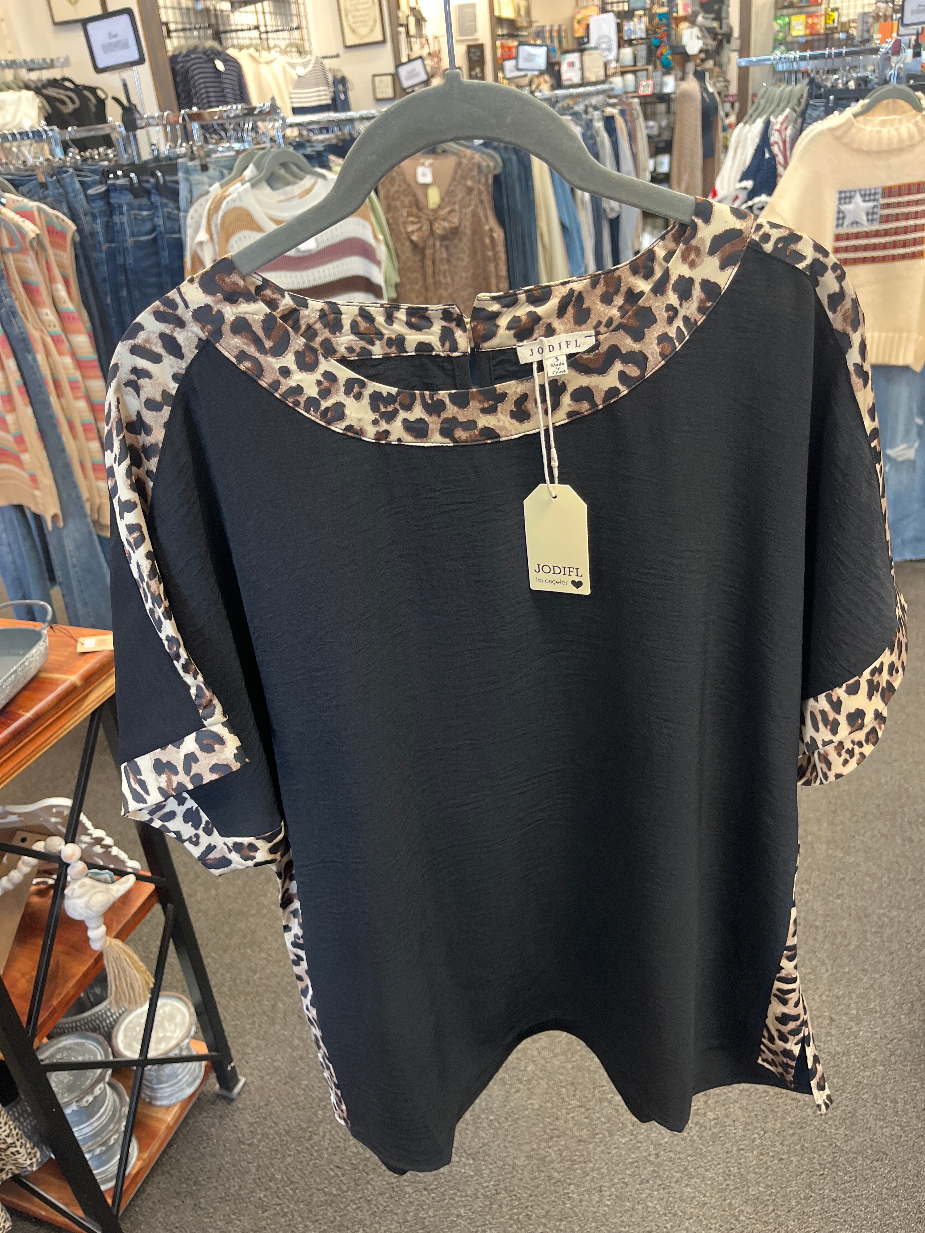 Black Leopard Print Dolman Sleeve Top