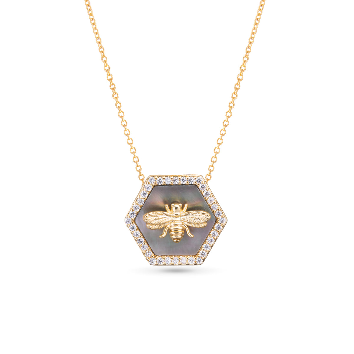 Mother of Pearl & CZ Bee Necklace - Gold