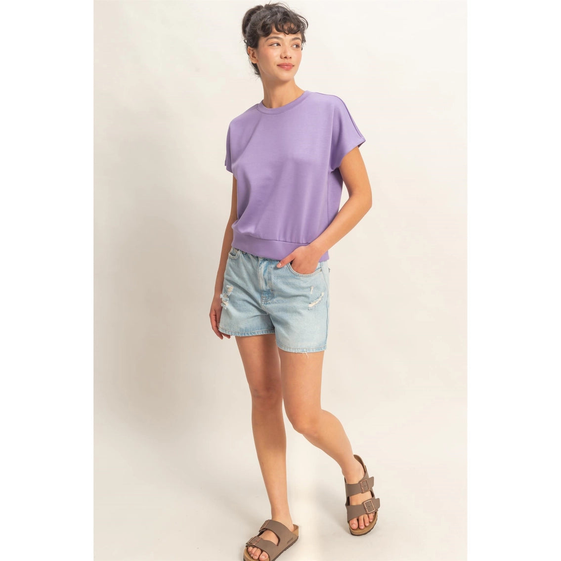 Crew Neck Short Dolman Sleeve Top