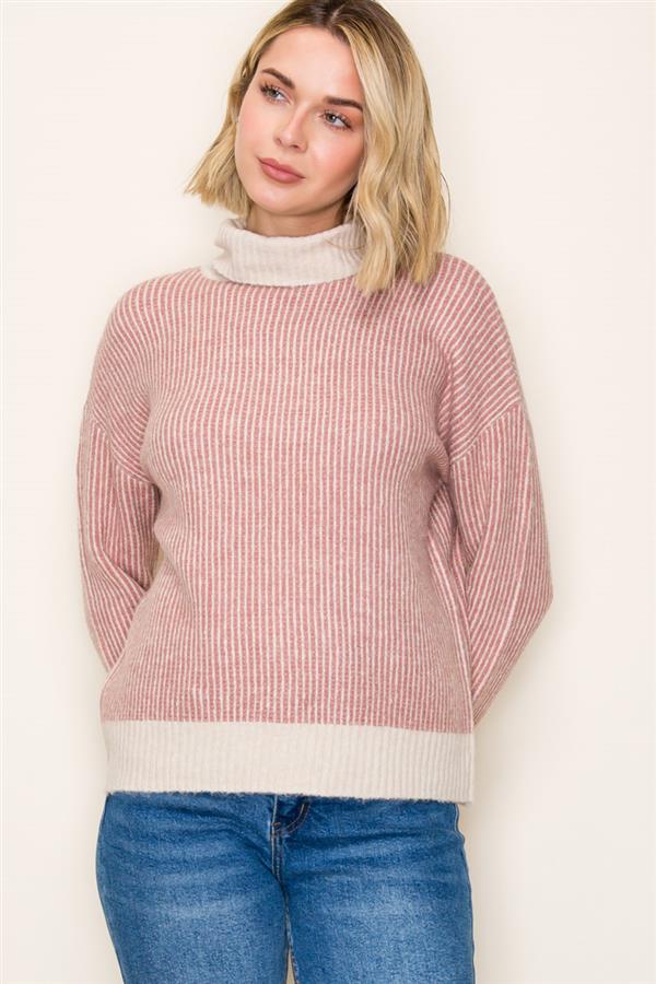 Two Toned Ribbed Turtleneck Sweater
