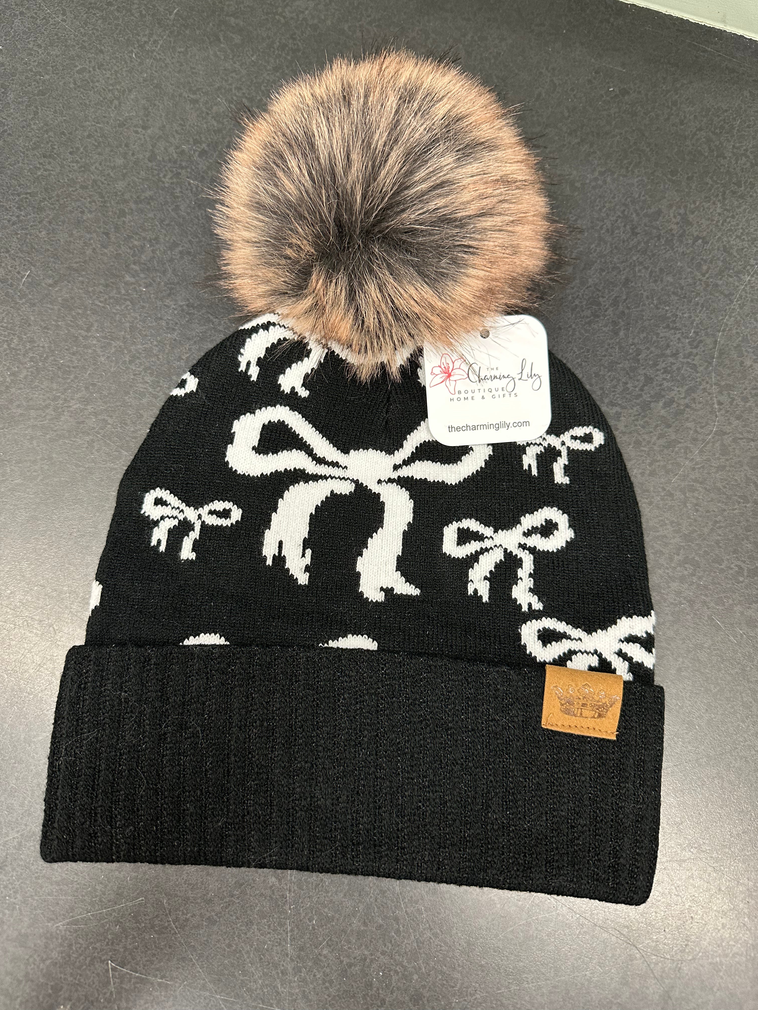 Black & White Bow Pattern Knit Hat