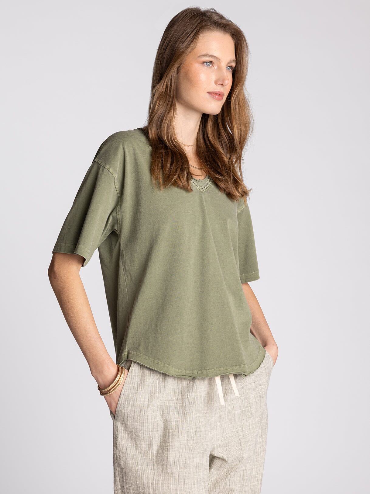 Ismeria Tee in sea spray — women's relaxed fit short sleeve V-neck tee in 100% cotton side view