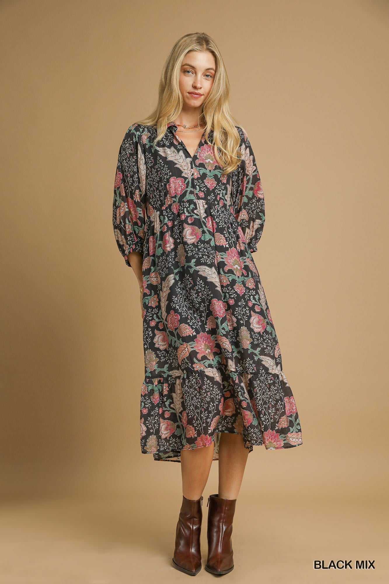 Mix Floral Collared Midi Dress