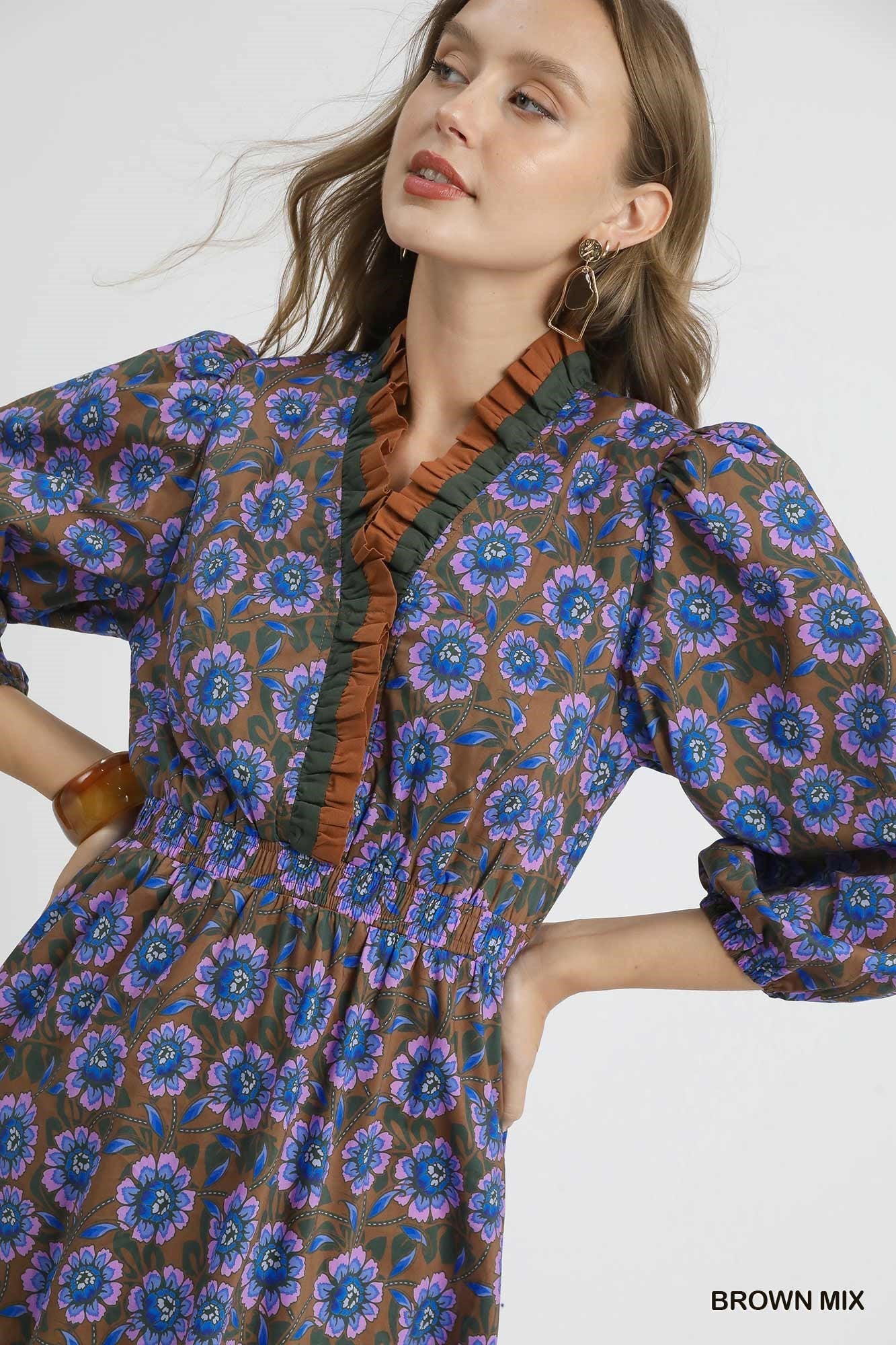 Mix Floral Ruffle Midi Dress