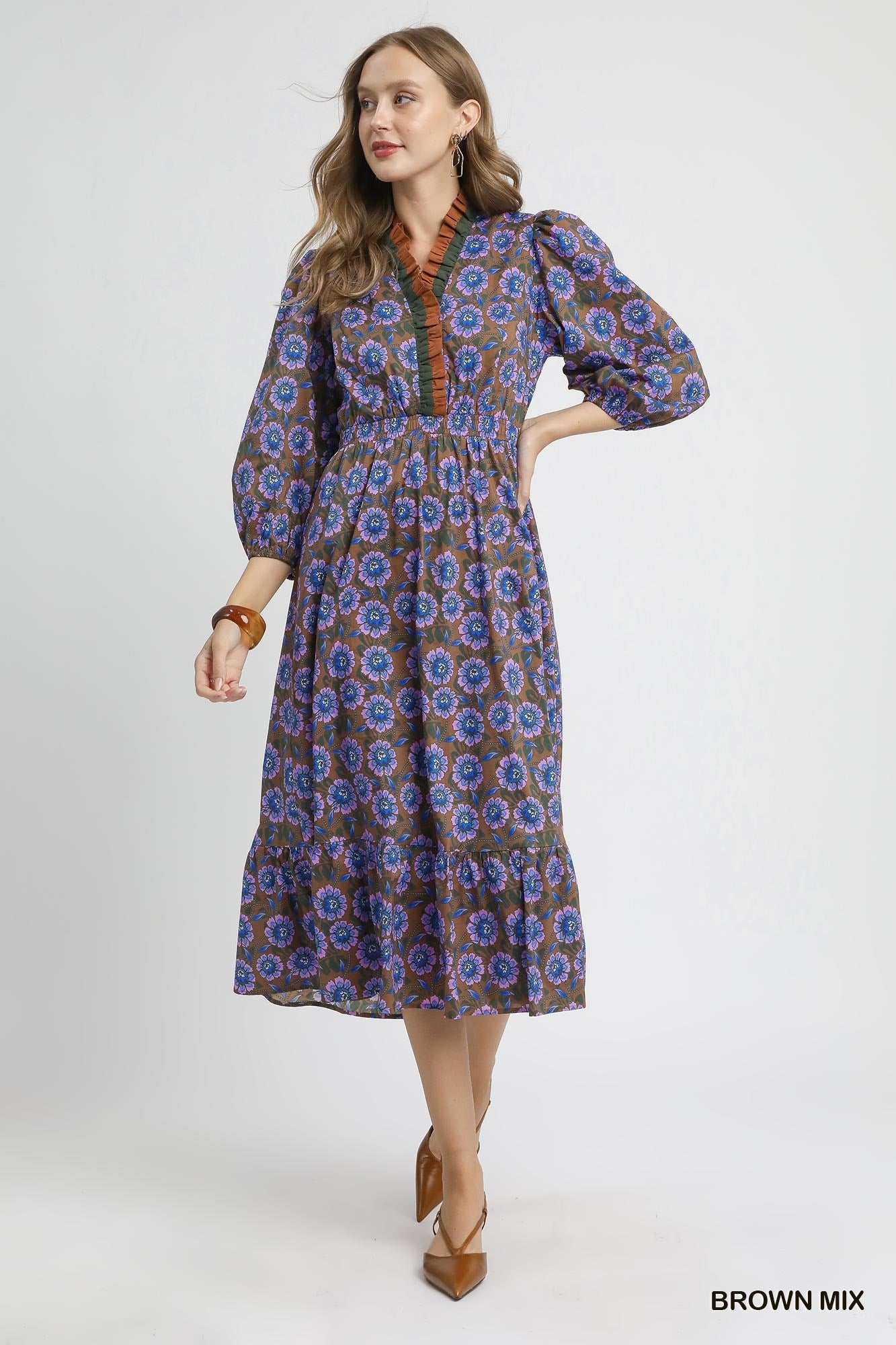 Mix Floral Ruffle Midi Dress