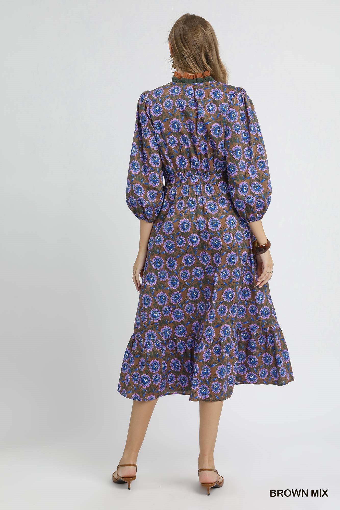 Mix Floral Ruffle Midi Dress