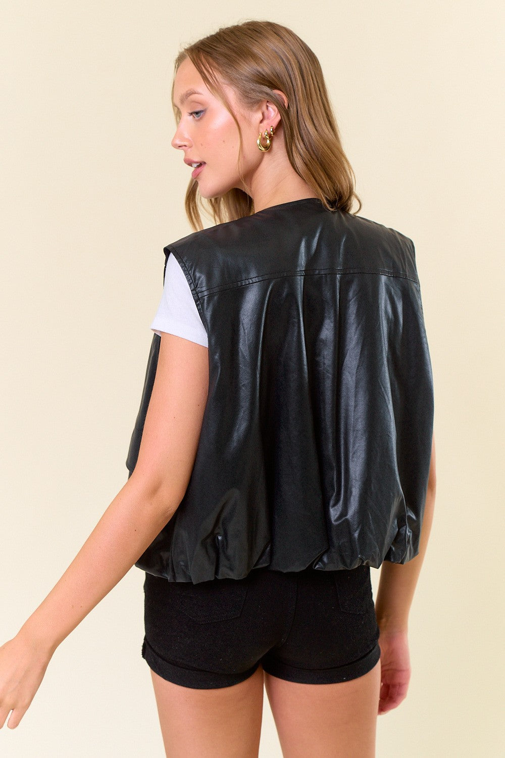 Vegan Leather Round Neck Bubble Hem Vest Jacket