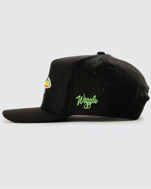 Black Waggle youth fishing snapback hat with colorful embroidered fishing lure design side view with Waggle logo