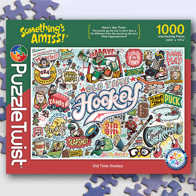 Jigsaw puzzle box for 'Old Time Hockey' puzzle by PuzzleTwist with colorful graphics and text.