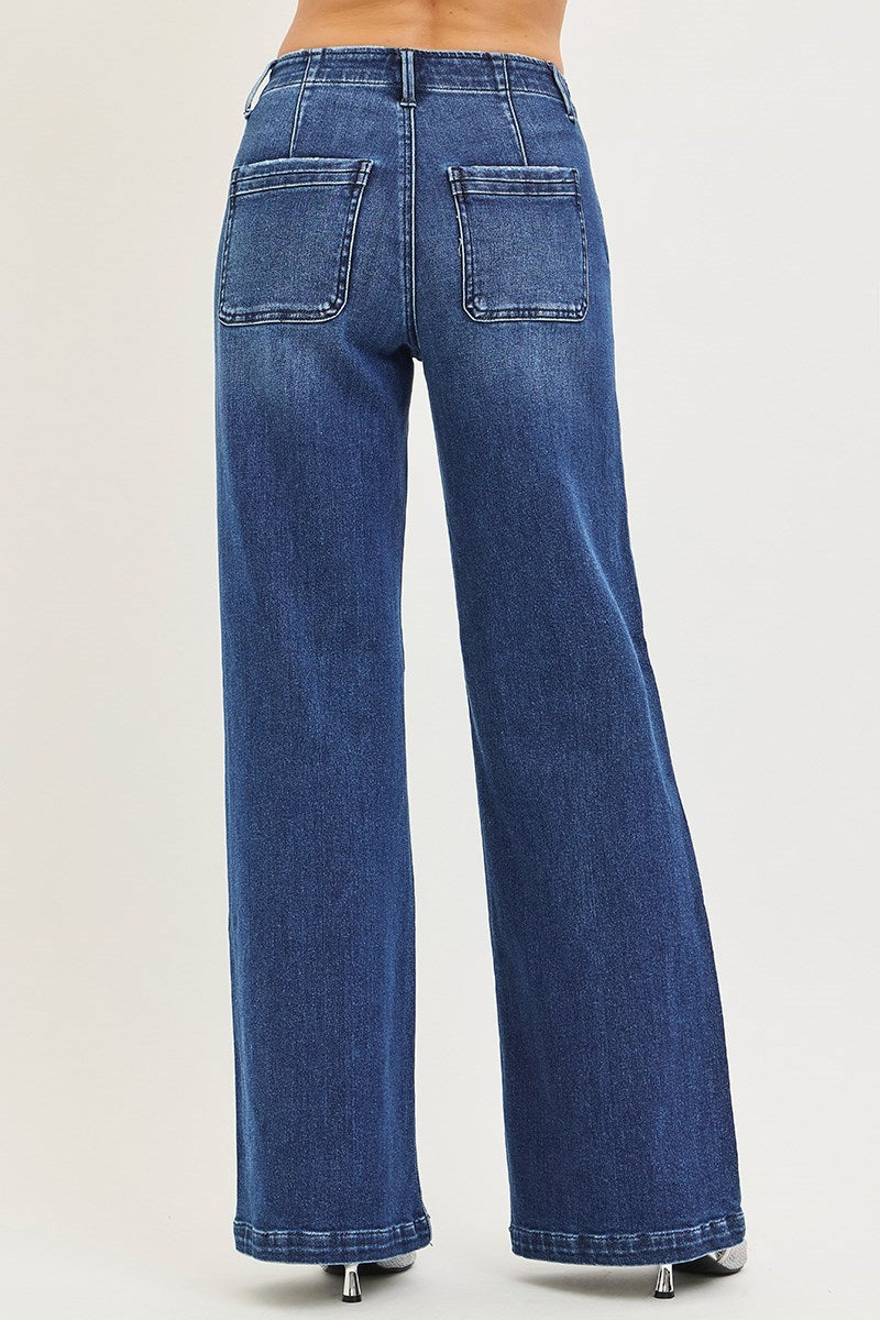 Risen Wide Leg Slanted Pocket Jeans