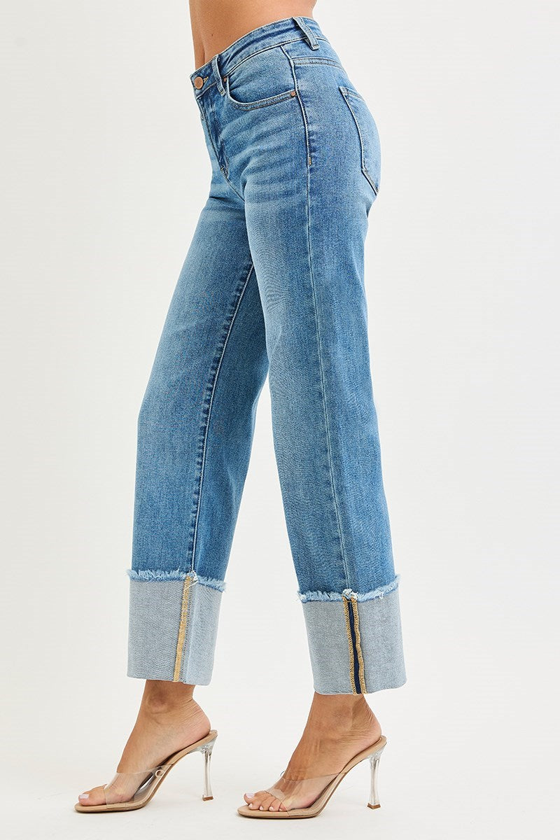Risen Mid Rise Crop Wide Cuffed Jeans