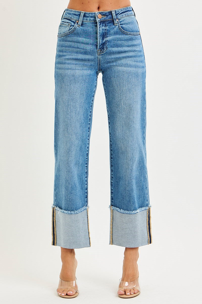 Risen Mid Rise Crop Wide Cuffed Jeans