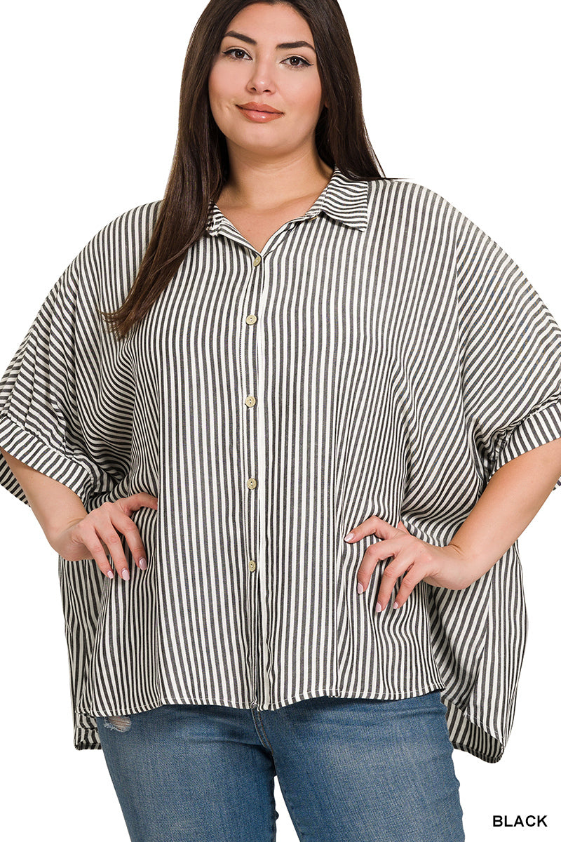 Plus Oversized Striped Button Up Shirt