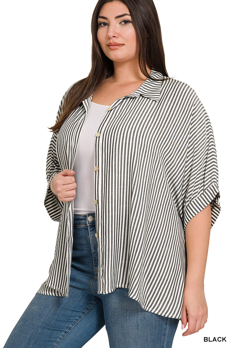 Plus Oversized Striped Button Up Shirt