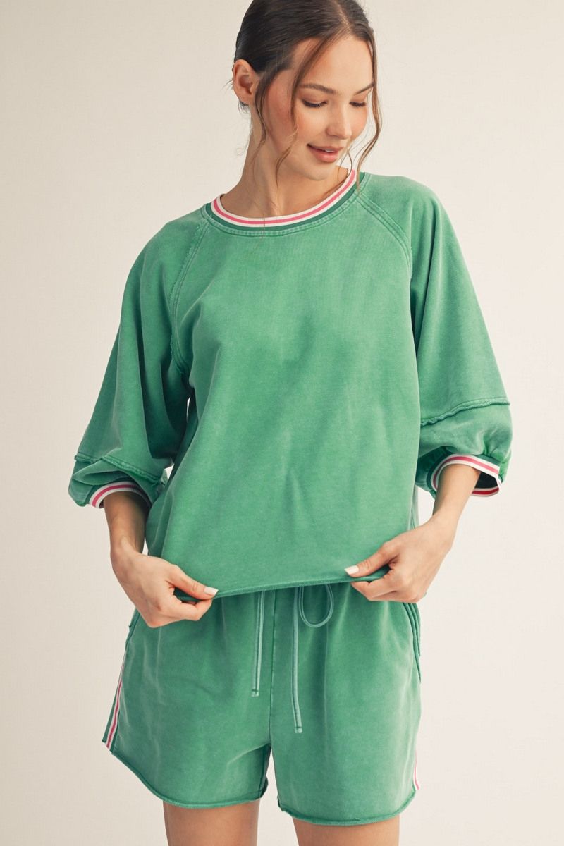 Puff Sleeve Washed Color Band Contrast Top