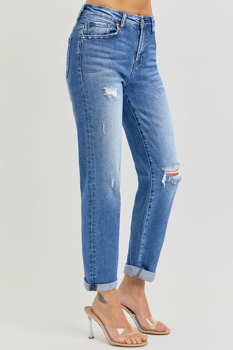 Risen Crop Girlfriend Roll Up Jeans