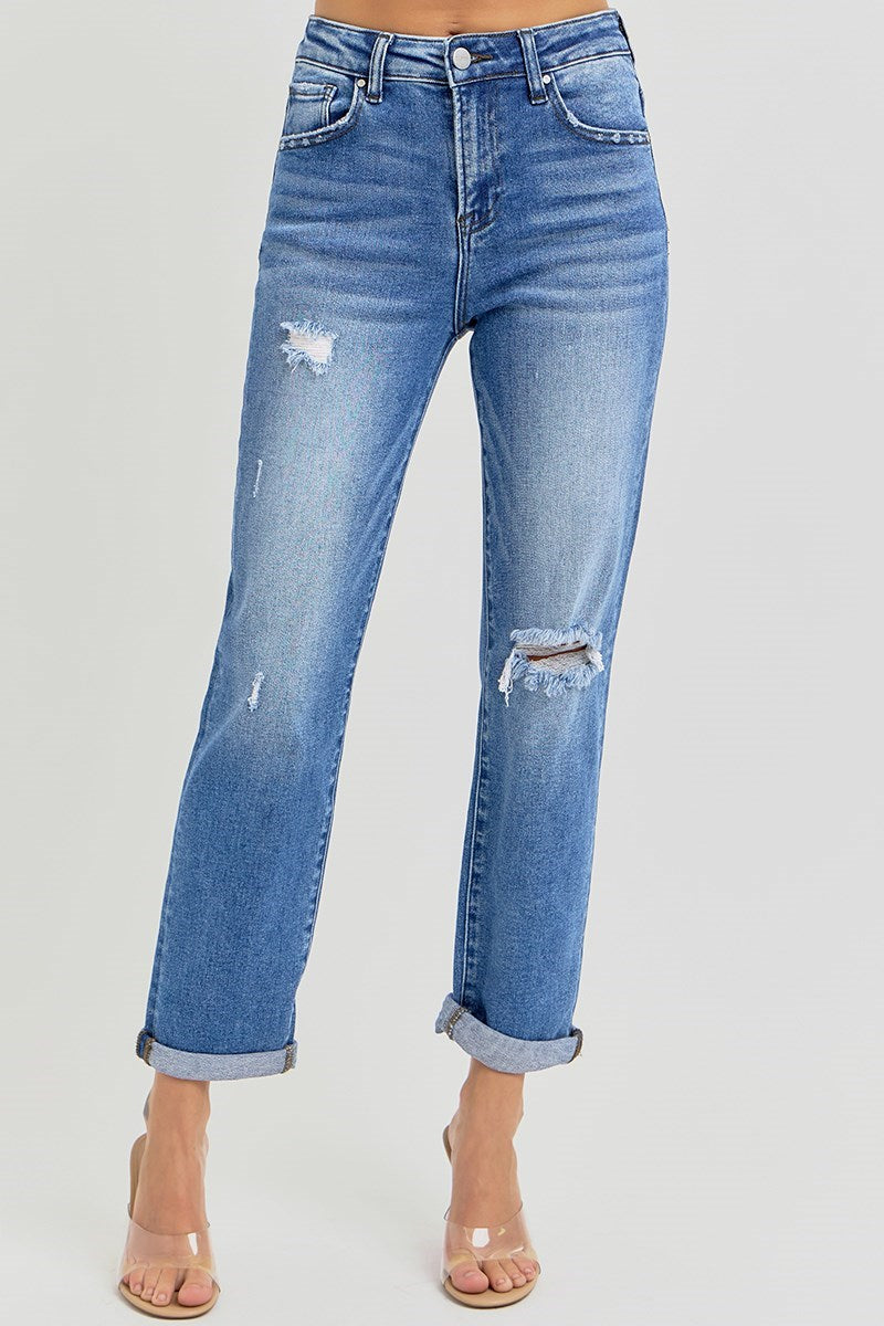 Risen Crop Girlfriend Roll Up Jeans