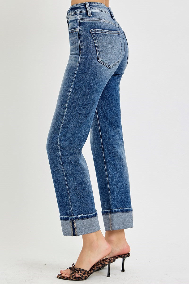 Risen High Rise Crop Straight Cuffed Jeans