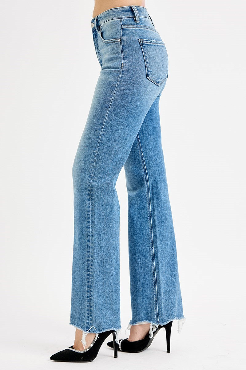 Risen High Rise Wide Leg Jeans – Raw Hem Medium Wash Denim