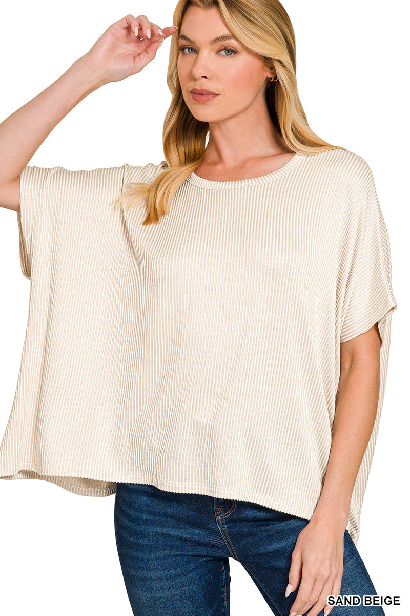 Ribbed Striped Oversized Short Sleeve Top