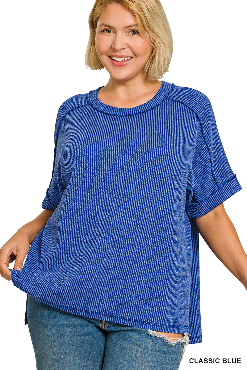 Plus Raised Rib Cuff Sleeve Raw Edge Top