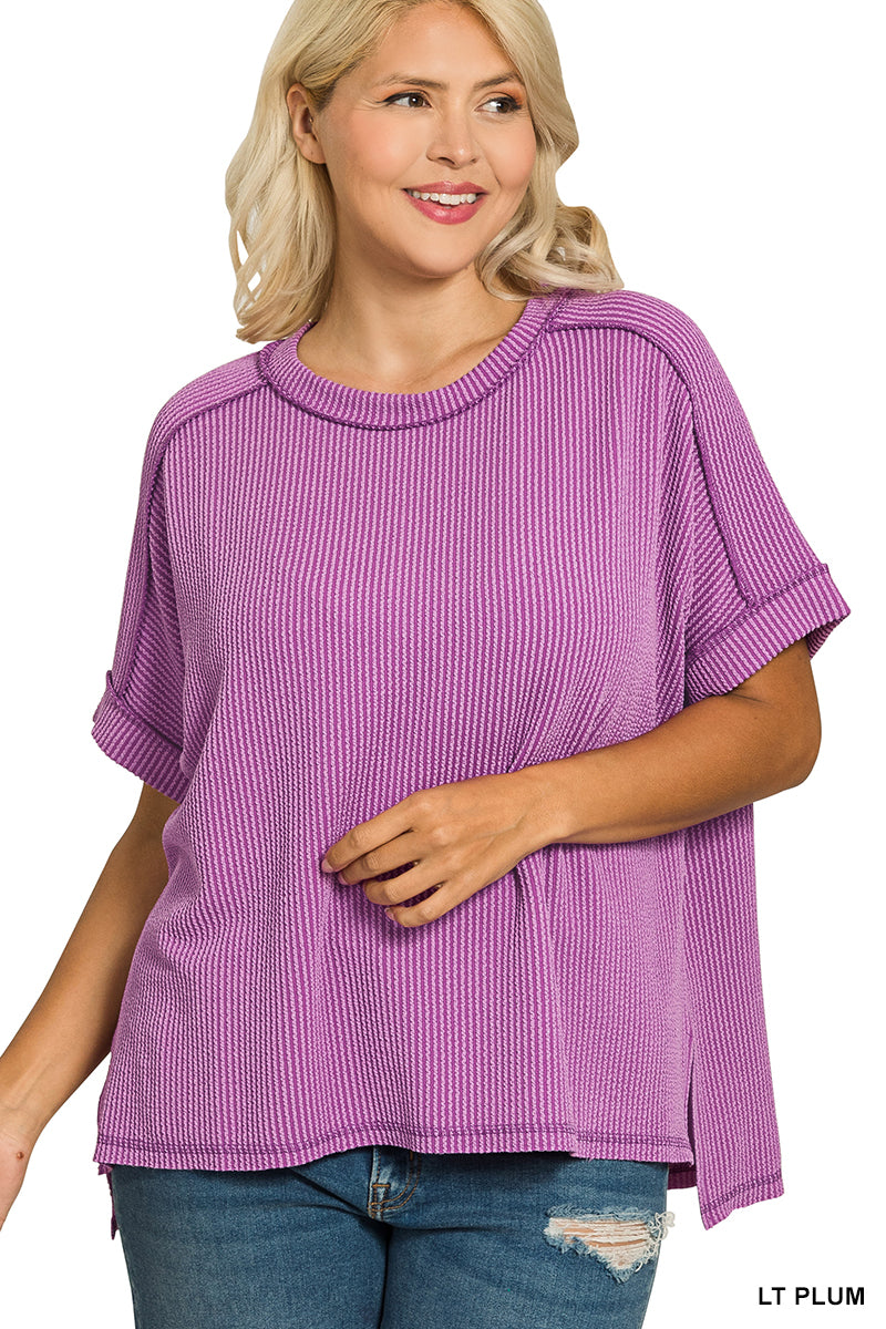 Plus Raised Rib Cuff Sleeve Raw Edge Top