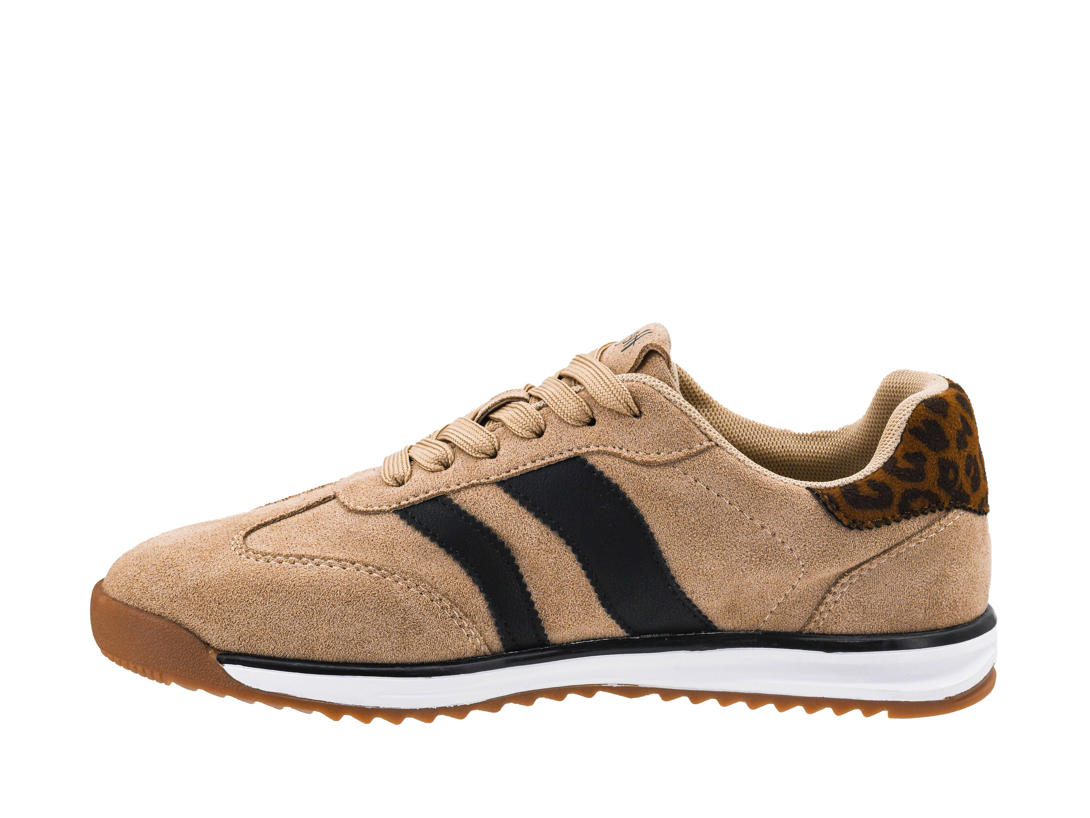 Beige sneaker with black stripes and leopard print accents on a white background