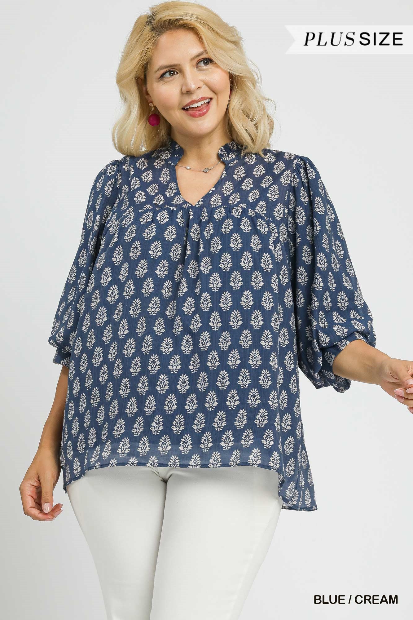 Plus Size Floral Print V-Split Blouse