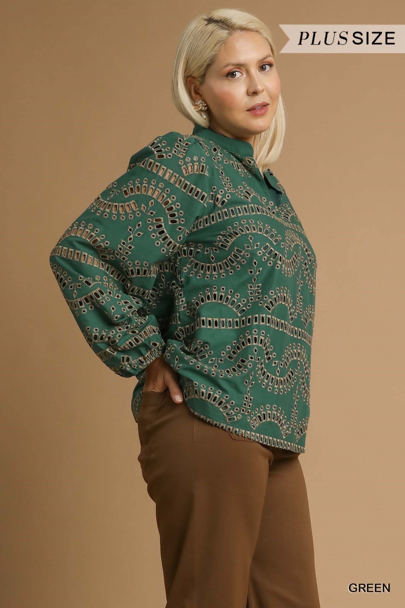 Plus Size Eyelet Long Sleeve Top