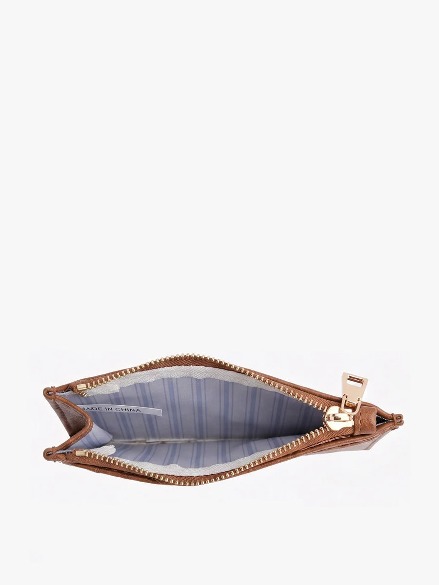 An open brown leather zip pouch with a blue and white striped interior lining and gold-tone zipper hardware, shown against a plain white background.